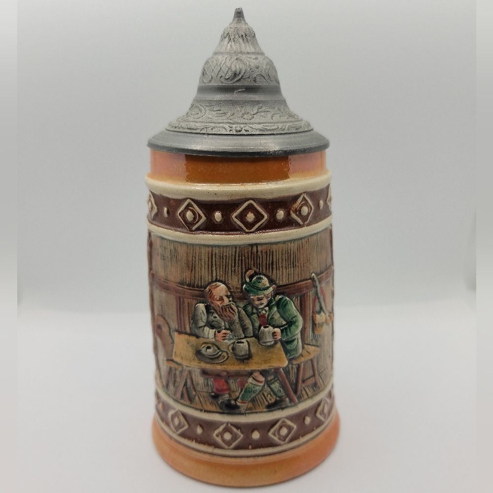 German Salt Glazed Beer Stoneware Stein with Pewter Lid Men in Pub Depicted